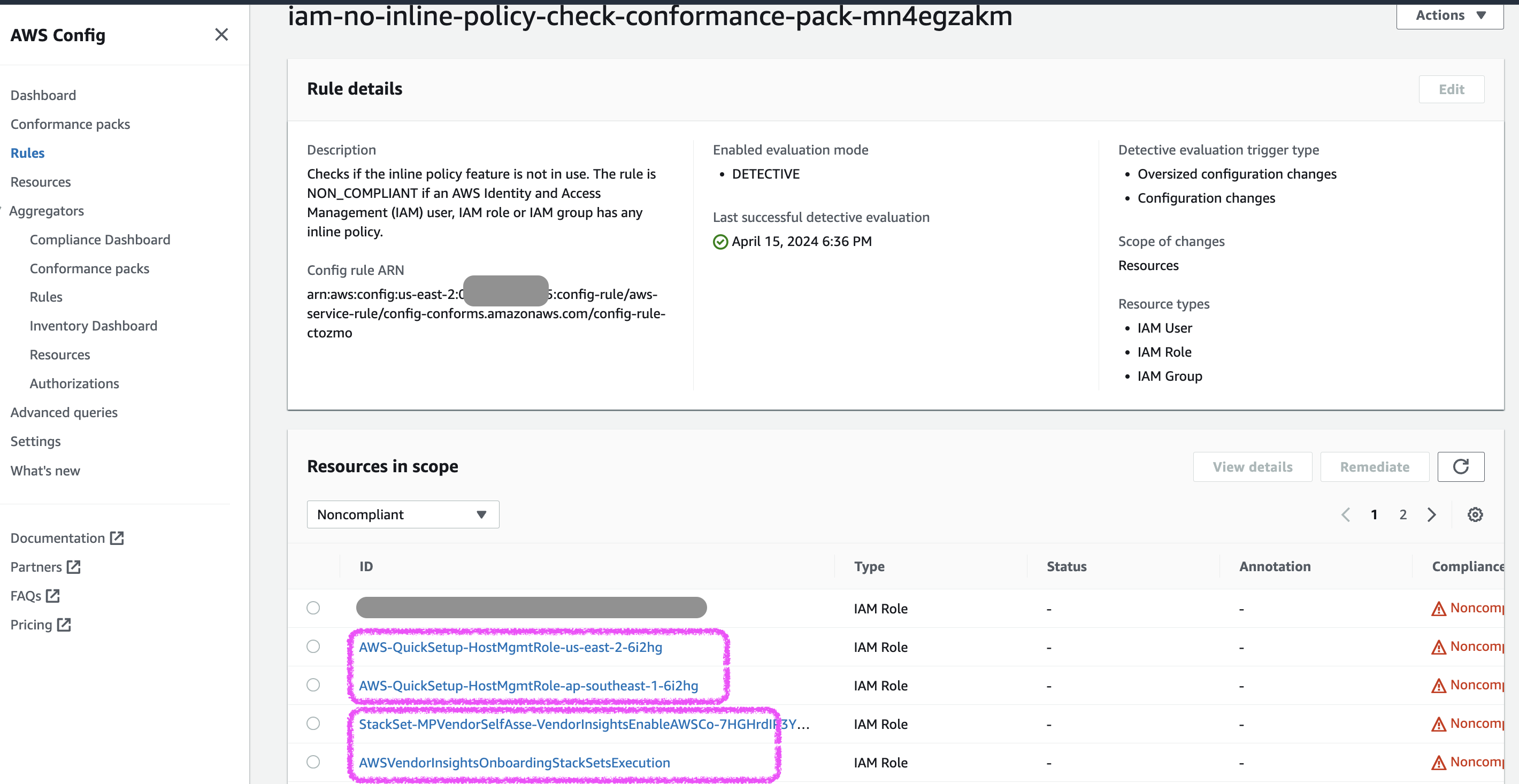 Inline Policies are impossible to avoid: shown here created by AWS Systems Manager easy configuration wizard, and the VendorInsights CF stackset