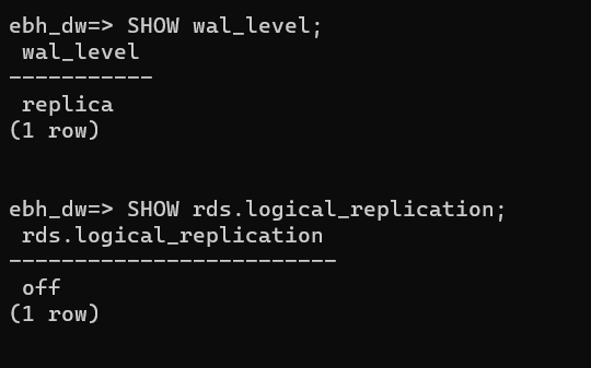 Screenshot showing wal_level and rds.logical_replication