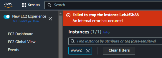 Failed to stop the instance i-eb4f3b88 - An internal error has occurred