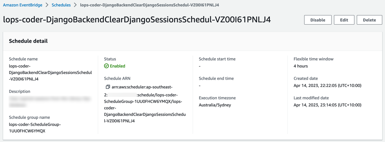 Screenshot of the schedule in the AWS Console