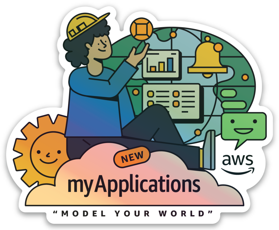A cartoon person wearing a yellow hard hat. The background consists of a globe outlined with various symbols including a bell, chat bubbles, and charts. The text "myApplications" and "MODEL YOUR WORLD" suggest a theme of creating or managing applications, with the AWS logo on the bottom right. 